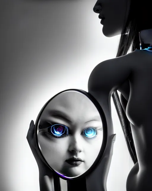 Image similar to black and white high quality photo of a female AI-cyborg-doll looking into a sci-fi mirror, volumetric lighting, hyperdetailed, masterpiece, elegant, dark, in the style of Man Ray,