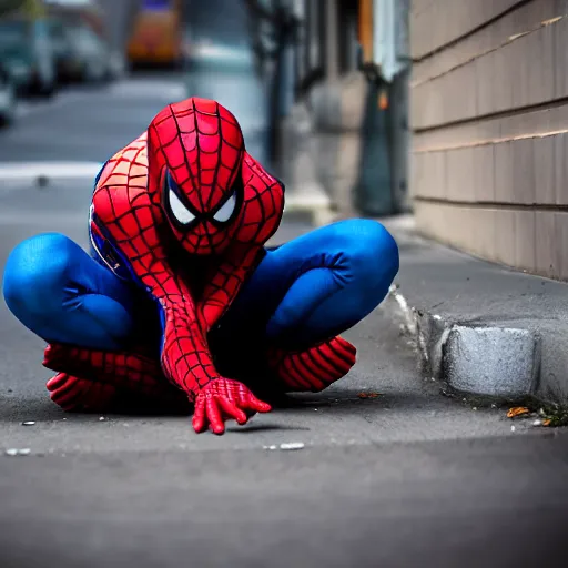 Image similar to editorial photography of spiderman caught homeless