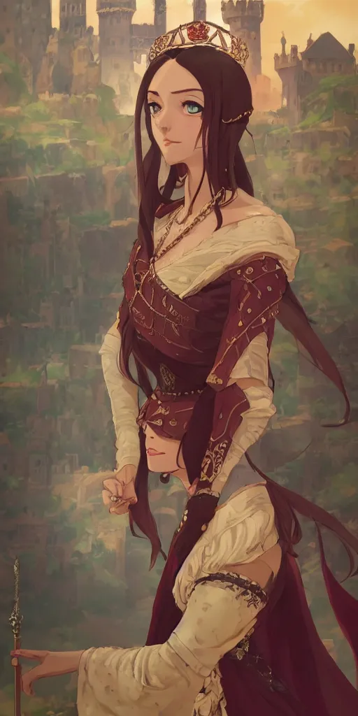 Image similar to portrait of elegant brunette as a medieval royalty, medieval castle background, shallow focus, rich vivid colors, ambient lighting, dynamic lighting, 4k, official media, anime key visual, makoto shinkai, ilya kuvshinov, lois van baarle, rossdraws, detailed, trending on artstation