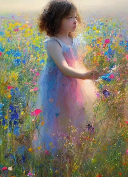 Prompt: a cute little girl with short light brown curly hair and blue eyes standing in a field of colorful wildflowers. beautiful ethereal painting by ruan jia