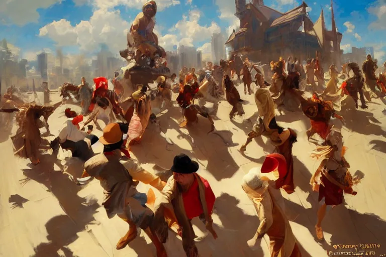 Image similar to greg manchess painting of people dressed in rags tripping over each other in an arena, profile picture, organic painting, sunny day, matte painting, bold shapes, hard edges, street art, trending on artstation, by huang guangjian, gil elvgren, ruan jia, randy vargas, greg rutkowski