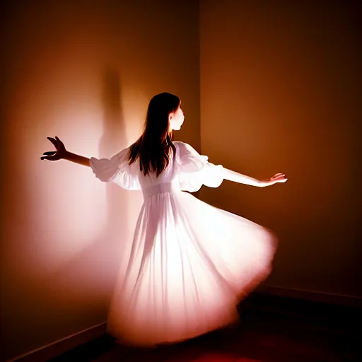 Prompt: cute girl wearing white dancing joyfully in her bedroom at night, dark atmospheric lighting, elegant, highly detailed, heavy grain, sharp focus, depth of field, radiant light, 8 k, hdr, beautiful composition, photographed by steve mccurry