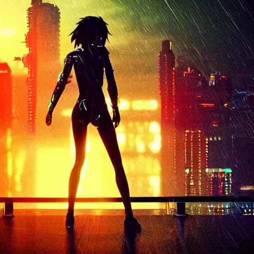 Prompt: « glowing neon lights, sunrise, cyberpunk, alita battle angel, blade runner, rainy, cold, clouds, far view, photorealistic, unreal engine 5, attractive girl sharp focus »