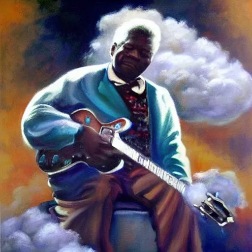 Image similar to b. b king, sitting in a fluffy cloud, playing an electric semi - hollow guitar. beautiful realistic painting, dramatic, moody