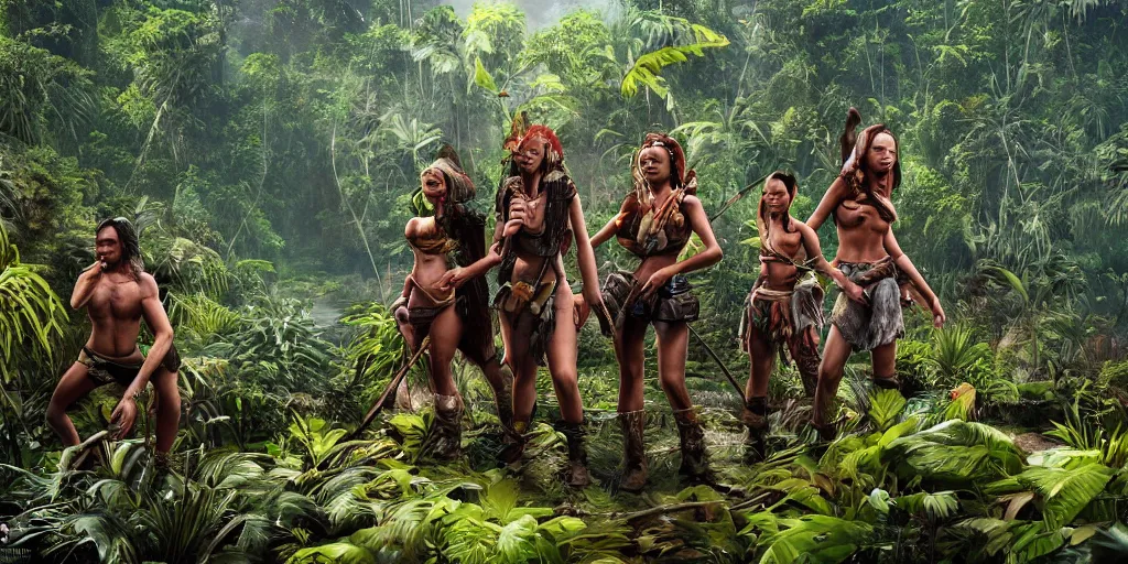 Prompt: borneo people in jungle, unreal 5, hyperrealistic, realistic, photorealistic, dynamic lighting, highly detailed, cinematic landscape, studio landscape, studio lighting