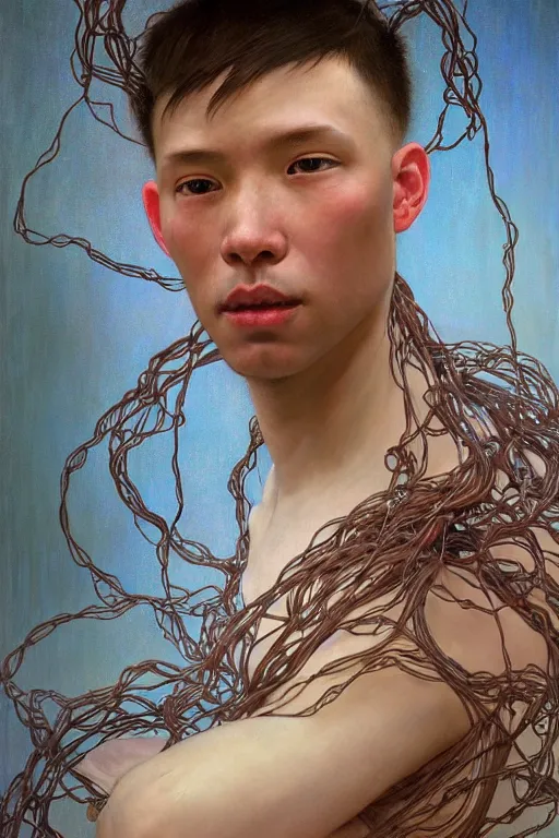 Image similar to hyperrealist portrait of elijah zu bailey, it is decorated with long wires that fall like vines and wears small computers over their body. by jeremy mann and alphonse mucha, fantasy art, photo realistic, dynamic lighting, artstation, poster, volumetric lighting, very detailed faces, 4 k, award winning