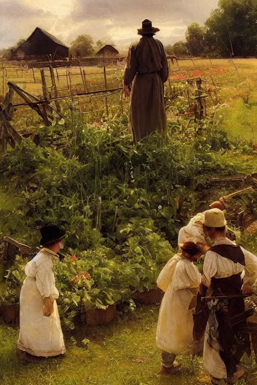 Image similar to simple amish farmers tending to their cottage vegetable gardens, art by anders zorn, wonderful masterpiece by greg rutkowski, beautiful cinematic light, american romanticism thomas lawrence, greg rutkowski