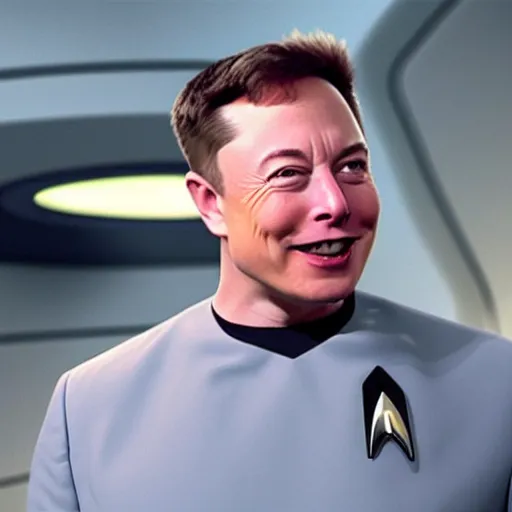 Image similar to Star Trek Episode of Elon Musk talking to Jeff Bezos, laughing, photograph