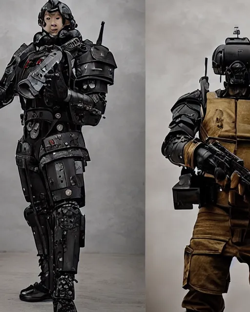 Image similar to Korean Actor Park Solomon as a Kerberos Panzer Cop in Live Action Jin Roh: The Wolf Brigade, wearing full Kerberos Panzer Cop armor and holding his MG 42 machine Gun, Studio Lighting, shot in the Style of Annie Leibovitz, Mamoru Ushii