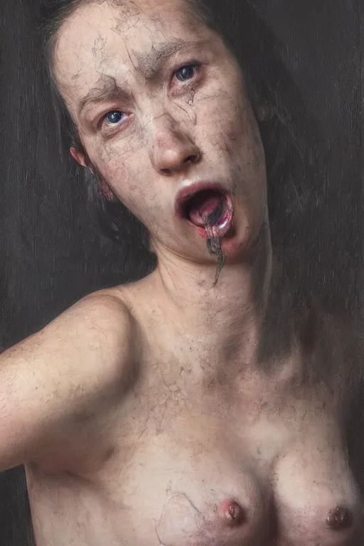 Image similar to lauren's stomach hurts after drinking too much alcohol, oil on canvas, intricate, portrait, 8 k highly professionally detailed, hdr, cgsociety