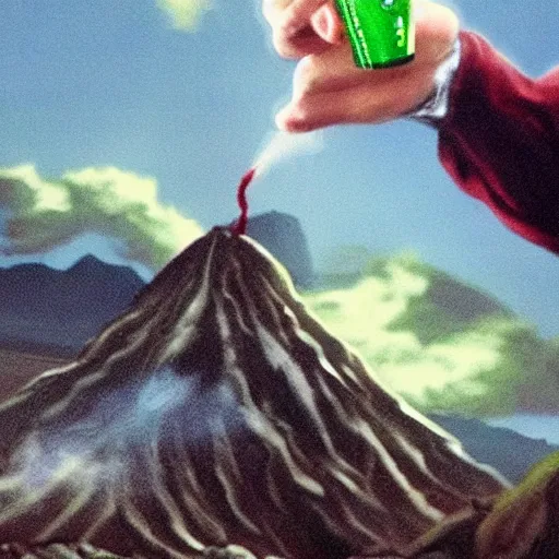 Prompt: Frodo throwing Mountain Dew into Mt Doom, photorealistic, film