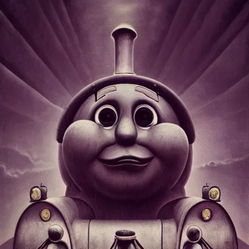 Image similar to thomas the tank engine in style of zdzisław beksinski, extremely dramatic lighting, 8 k, tendrils, black, darkness, body horror, thomas the train, thomas the tank engine face, horror,