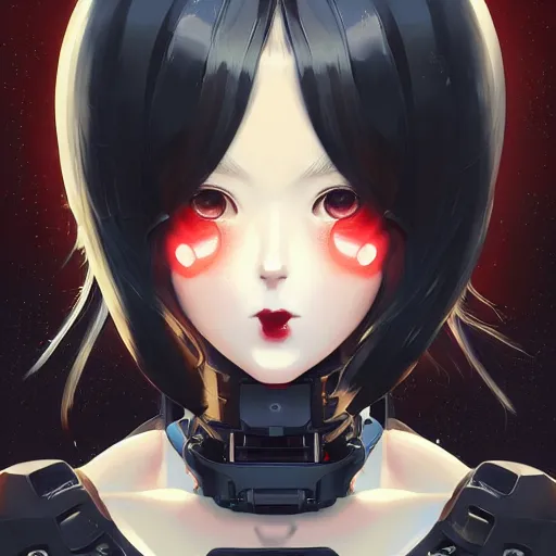 Image similar to A cyborg girl with big and cute eyes, fine-face, realistic shaded perfect face, fine details. red and black robotic parts. Very anime. Realistic shaded lighting poster by Ilya Kuvshinov katsuhiro, magali villeneuve, artgerm, Jeremy Lipkin and Michael Garmash, Rob Rey and Kentarõ Miura style, trending on art station