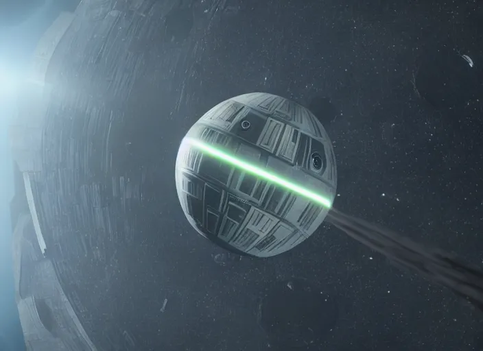 Image similar to film still of the death star hovering above earth in the new star wars movie, 4 k