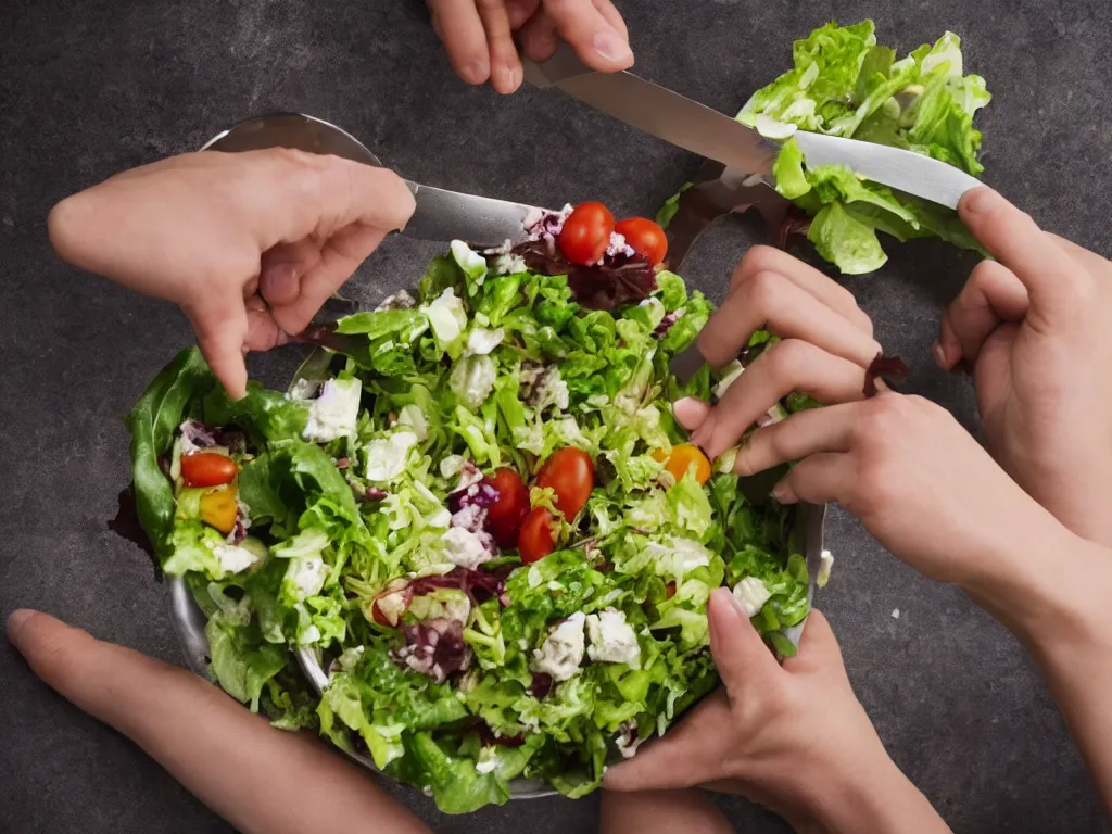 Prompt: an angry mother stabbing her salad, photo, 8K High Definition, highly detailed