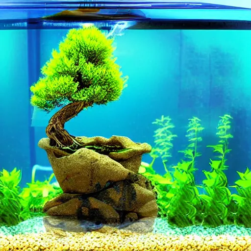 Prompt: A bonsai tree growing out of a fish tank, digital art