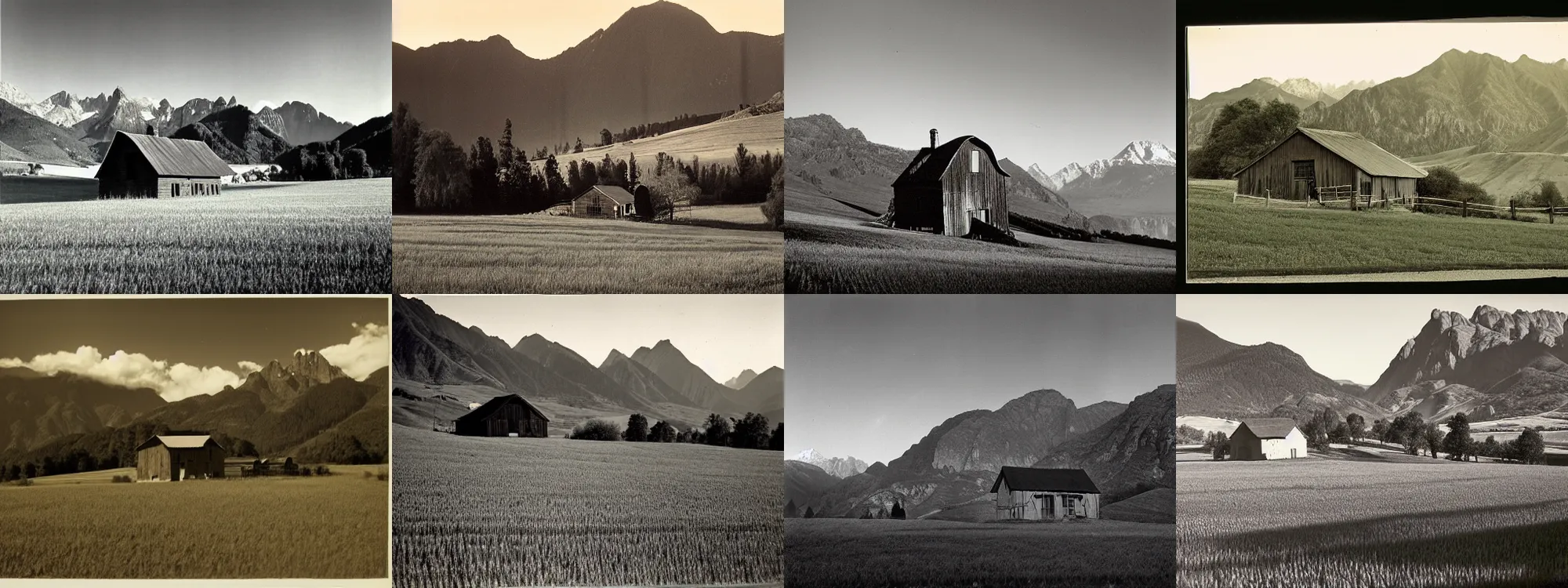 Image similar to photo of a small farm house in a valley with meadows and mountains in the background, photograph by Ansel Adams, at dusk