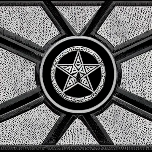 Image similar to a dark desaturated photograph of a military insignia with three interlocking diamonds, red central geometric shape, glossy black liquid latex, asphalt and metal, intricate black metal logo, designed by helmut lang and junya watanabe, asymmetrical cinematic composition, 8k hyperrealistic, hyper-detailed, 10mm camera, highly textured, dark volumetric lighting, fine details, muted, octane render — h 768