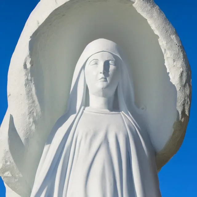 Prompt: white statue of mother mary pictured slightly from below, clear sky with blue clouds in background, polaroid