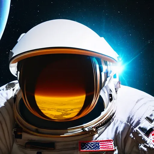 Prompt: astronaut floating in space, with reflection of saturn on it's helmet, HDR, natural light, galaxy, Ray tracing reflection, head level shot, dynamic pose, award winning photograph, Mucha style 4k,