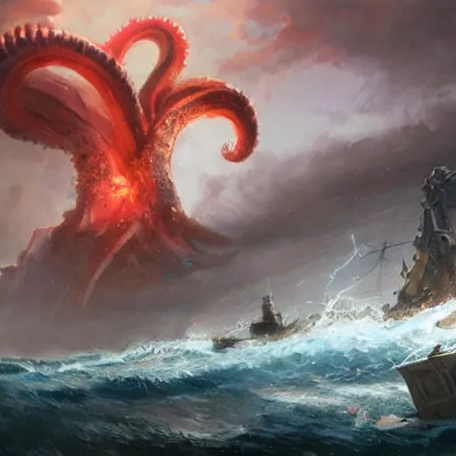 Prompt: a giant squid with bulging eyes, tentacles rising from the sea, exploded ship, magic the gathering art, art by greg rutkowski, fantasy rpg, league of legends