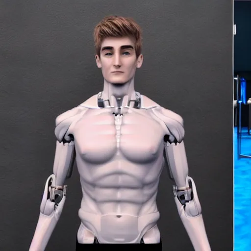 Image similar to a realistic detailed photo of a guy who is an attractive humanoid who is half robot and half humanoid, who is a male android, twitch streamer ninja tyler blevins, shiny skin, posing like a statue, blank stare, in a living room, on display, showing off his muscles