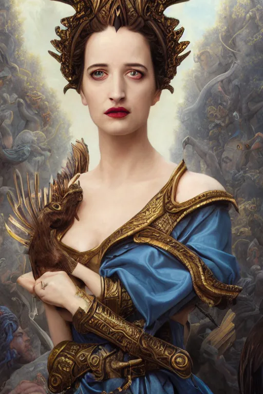 Image similar to A fantasy book style portrait painting of a hybrid, Eva Green, Anya_Taylor-Joy, Cory Chase, as a Mystical Valkyrie, Anubis-Reptilian, Atlantean Warrior, François Boucher, Oil Painting, unreal 5, DAZ, hyperrealistic, octane render, Regal, Refined, Detailed Digital Art, RPG portrait, William-Adolphe Bouguereau, Michael Cheval, Walt Disney (1937), Steampunk, Volumetric Golden dappled dynamic lighting, Highly Detailed, Cinematic Lighting, Unreal Engine, 8k, HD