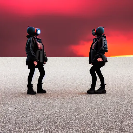 Image similar to photographic portrait of 2 techwear women in front of a brutalist metal building, on a desolate plain, red sky, sigma 8 5 mm f / 1. 4, 4 k, depth of field, high resolution, octane render 4 k, 8 k, hd, full color, trending on artstation