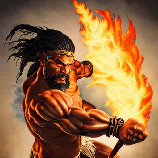 Image similar to jason momoa as dhalsim street fighter, breathing fire, ultra realistic, concept art, intricate details, highly detailed, photorealistic, octane render, 8 k, unreal engine, art by frank frazetta, simon bisley, brom