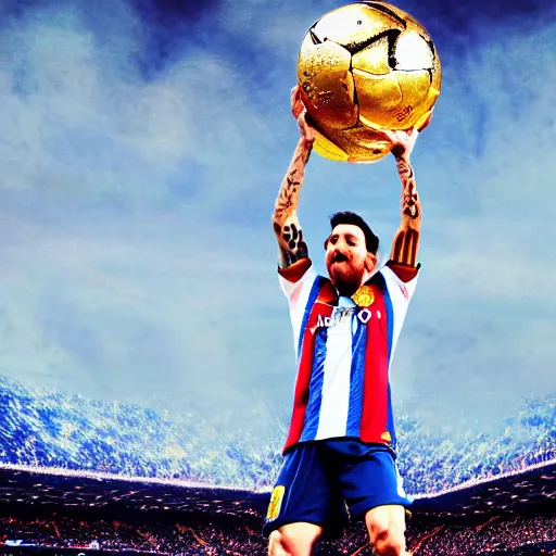 Image similar to super realistic and detailed photo of Lionel Messi lifting the World Cup, wearing the Argentina football team jersey, background out of focus,