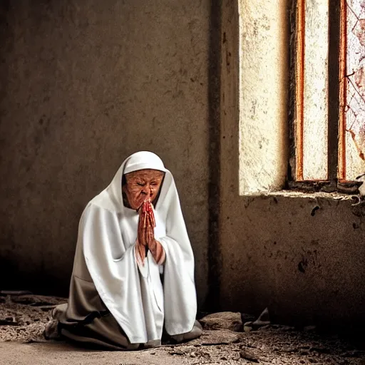 Prompt: an elderly nun praying in an abandoned, dusty, crumbling church