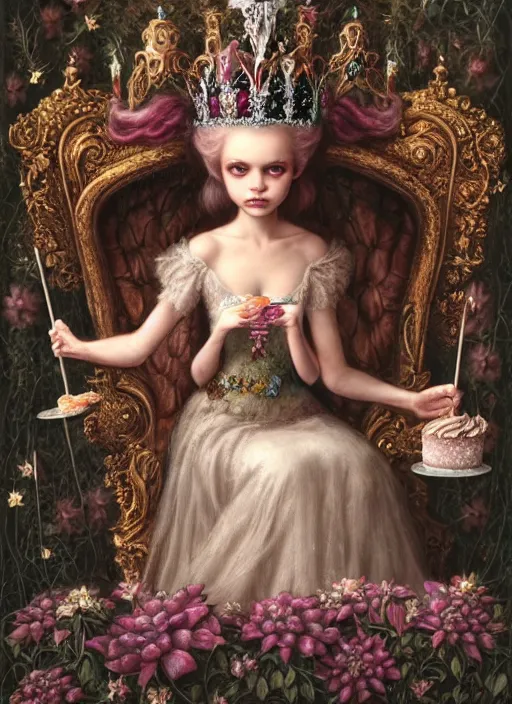 Image similar to highly detailed closeup, portrait of a gothic fairy princess wearing a crown and sitting on a throne eating cakes, unreal engine, nicoletta ceccoli, mark ryden, earl norem, lostfish, global illumination, detailed and intricate environment