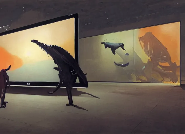 Prompt: a large computer, a gigantic computer screen, large glowing computer screen in the style of francis bacon and edward hopper and james gilleard, zdzislaw beksinski, by greg rutkowski, tristan eaton, victo ngai, vibrant background, whale skeleton, big aquarium