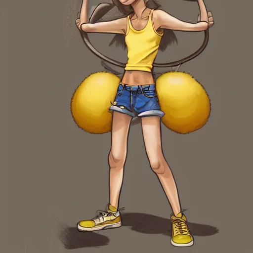 Image similar to anthropomorphic mouse wearing denim short shorts and yellow tank top, highly detailed, artgerm style, artstation, soft light, sharp focus, illustration, character design, concept art