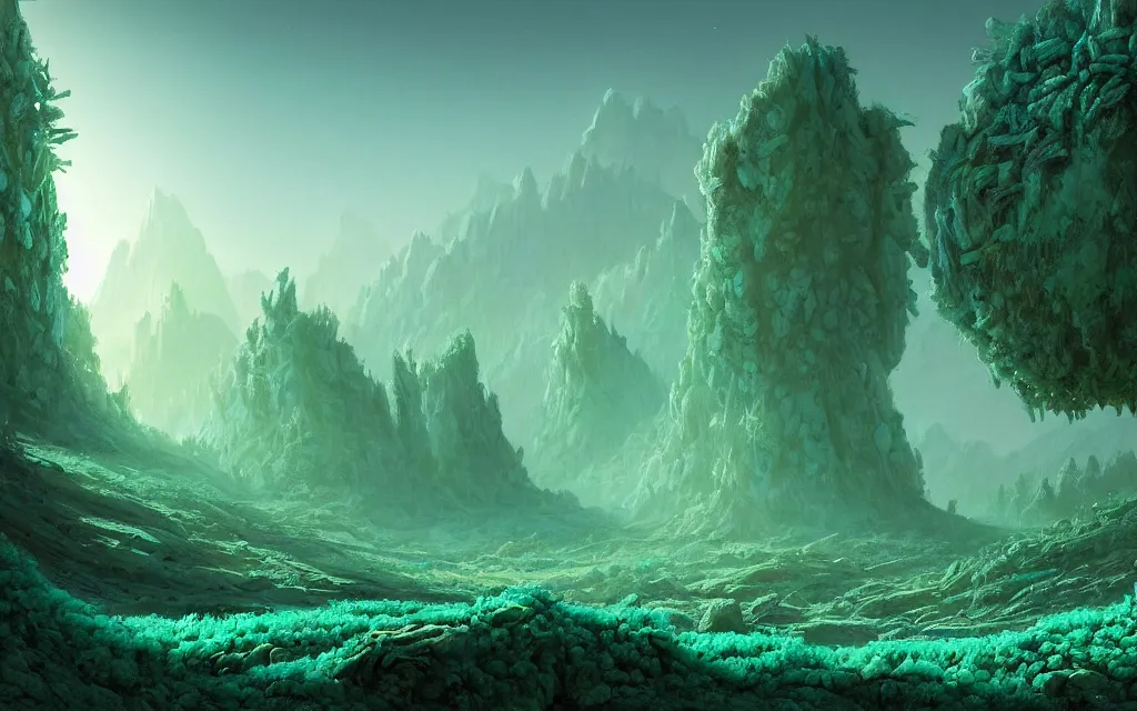 Prompt: a beautiful highly detailed matte painting of an alien planet with crystals made of jade in a desolate forest with teal colors by Jose Daniel Cabrera Pena and Leonid Kozienko, concept art