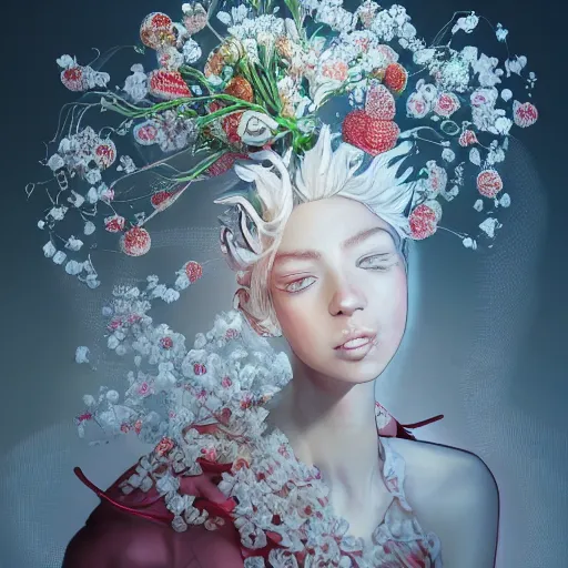 Image similar to the portrait of an absurdly beautiful, graceful, elegant, sophisticated, fashionable young woman made of strawberries and white petals looking down, an ultrafine hyperdetailed illustration by kim jung gi, irakli nadar, intricate linework, bright colors, octopath traveler, final fantasy, unreal engine 5 highly rendered, global illumination, radiant light, detailed and intricate environment