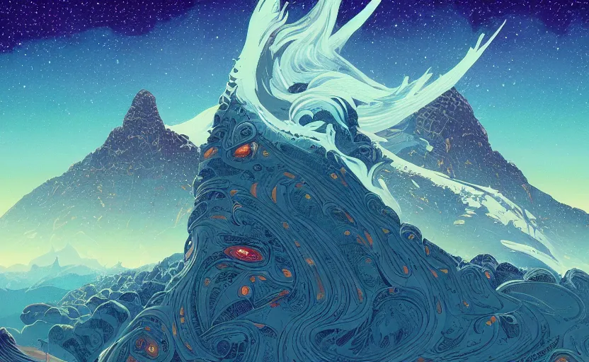 Prompt: mountains, stars and paisley filled sky, artstation, intricate, highly detailed, digital painting, concept art, sharp focus, illustration by Roger Dean and Kilian Eng