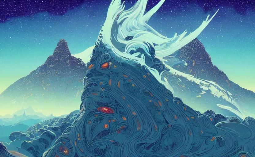 Image similar to mountains, stars and paisley filled sky, artstation, intricate, highly detailed, digital painting, concept art, sharp focus, illustration by Roger Dean and Kilian Eng