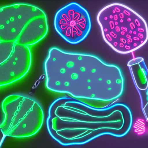 Prompt: 3d cells showing a cancer , neon lights on a science paper, cell journal, cell biology, nature journal, science