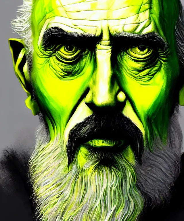 Prompt: portrait christopher lee as saruman as walter white with white tape across his nose, lime green shirt, caricature, headshot, highly detailed, digital painting, artstation, concept art, sharp focus, cinematic lighting, illustration, art by met mangindaan, artgerm and greg rutkowski, alphonse mucha, cgsociety