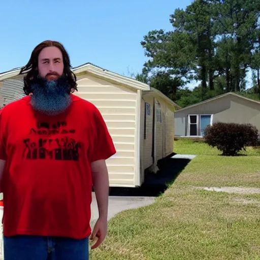 Image similar to anime ethank klein from h 3 h 3 dressed as an american redneck, standing in front of a mobile home in northern georgia, usa