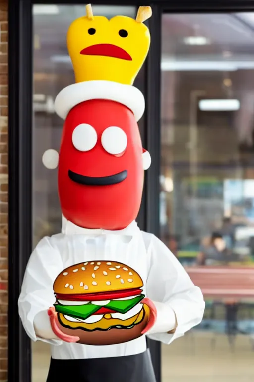 Image similar to an anthropomorphic hamburger working take out on a busy day
