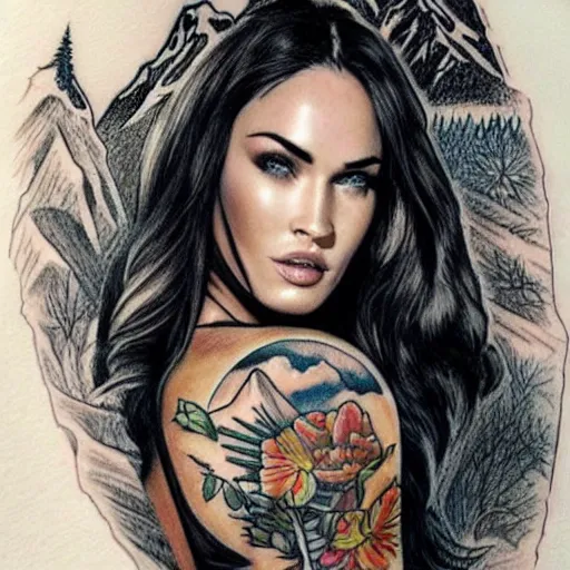 Prompt: tattoo design sketch of megan fox mash up effect with beautiful mountain scenery, in the style of matteo pasqualin, amazing detail