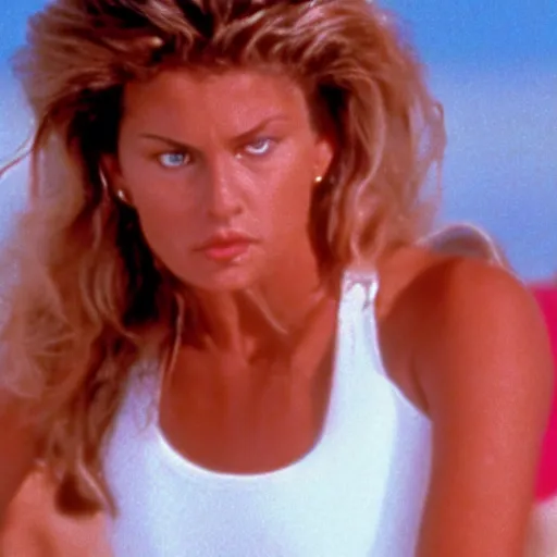 Prompt: color still shot of giorgia whigham on baywatch 1 9 8 9 tv show, face closeup,