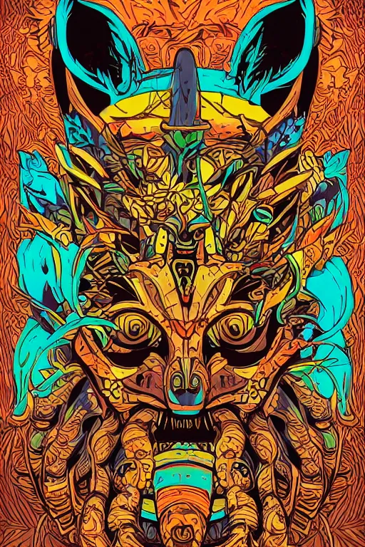 Image similar to animal mask totem roots flower tribal feather gemstone plant wood rock shaman vodoo video game vector cutout illustration vivid multicolor borderlands comics by josan gonzales and dan mumford radiating a glowing aura