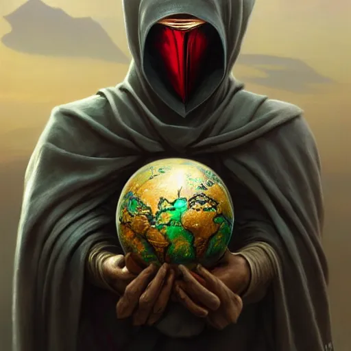 Prompt: masked nomad male wearing a cloak on an alien world and holding a holographic planet projection in his hand, detailed, sci - fi, digital painting, artstation, sharp focus, illustration, ominous, artgerm, tomasz alen kopera, peter mohrbacher, donato giancola, joseph christian leyendecker, wlop, frank frazetta