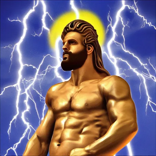 Prompt: Zeus ridding the lightning bolt, digital art, realism