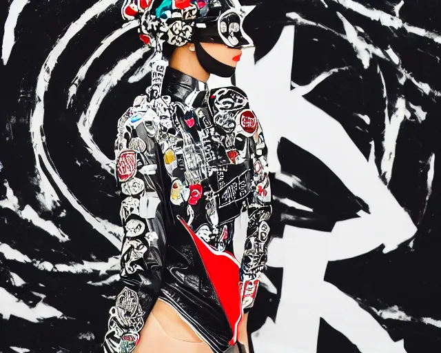 Image similar to extremely beautiful black marble statue with colorful japanese motorcycle logos in the style of fashion designer virgil abloh, sharp focus, clear, detailed,, cinematic, detailed, off white, glamourous, symmetrical, vogue, editorial, fashion, magazine shoot, glossy