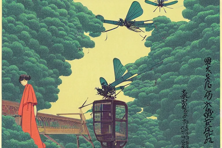 Prompt: gigantic dragonflies with human faces catch tiny planes, a lot of exotic mechas robots around, human heads are all over the ground, risograph by kawase hasui, dirtyrobot, edward hopper, satoshi kon and moebius, colorful flat surreal design, super - detailed, a lot of tiny details, fullshot