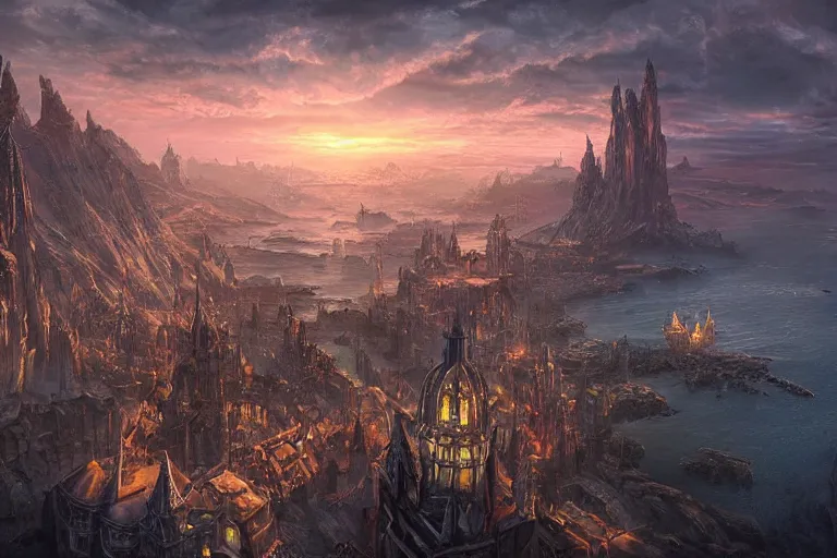 Prompt: high aerial shot, fantasy landscape, sunset lighting ominous shadows, cinematic fantasy painting, dungeons and dragons, a port city, harbor, bay, with an elvish cathedral inspired by the syndey opera house by jessica rossier and brian froud and hr giger